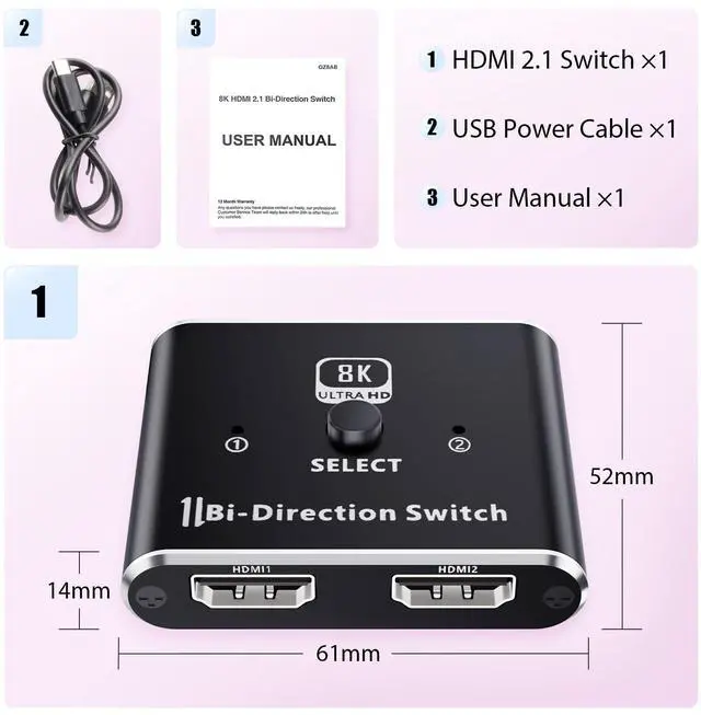 Alt view image 7 of 7 - 8K HDMI Switch, Vszerda Bidirectional HDMI Switch 2 in 1out /1 in 2 Out, Support 4K@120Hz, 8K@60Hz for PS5/4/3 Nintendo Switch Xbox hdmi TV