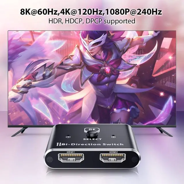 Alt view image 3 of 7 - 8K HDMI Switch, Vszerda Bidirectional HDMI Switch 2 in 1out /1 in 2 Out, Support 4K@120Hz, 8K@60Hz for PS5/4/3 Nintendo Switch Xbox hdmi TV