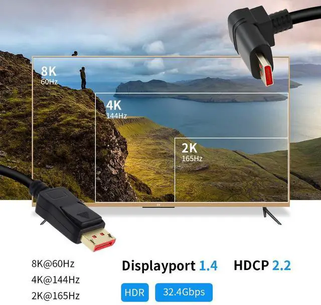 Alt view image 2 of 7 - Vszerda 8K@60Hz 90 Degree Right Angle DP 1.4 Cable, Male to Male Right Angled Displayport 1.4 Cable Cord 8K@60Hz, 4K@144Hz, 2K@165Hz, 1.8M/6FT