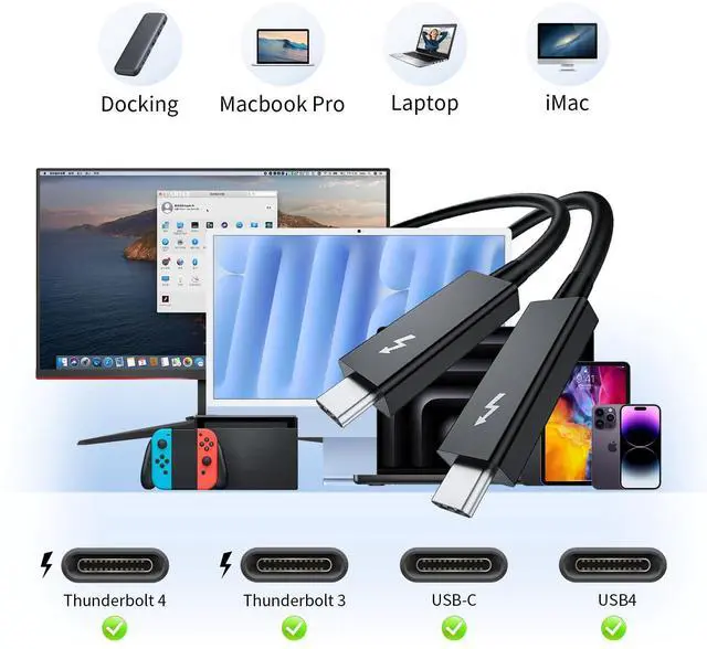 Alt view image 6 of 7 - Vszerda Thunderbolt 3 Cable 2.3ft/0.7m, 5K/4K@60Hz, 40Gbps Data Transfer, 100W Charging, Short USB-C to USB C Cable, Ideal for Type-C MacBooks, Docking, Dell, iPad Air 4, Pro 2025
