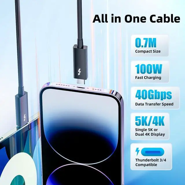 Alt view image 7 of 7 - Vszerda Thunderbolt 3 Cable 2.3ft/0.7m, 5K/4K@60Hz, 40Gbps Data Transfer, 100W Charging, Short USB-C to USB C Cable, Ideal for Type-C MacBooks, Docking, Dell, iPad Air 4, Pro 2025