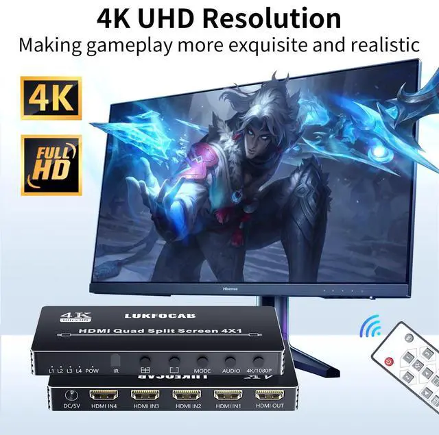 Alt view image 4 of 7 - Vszerda HDMI Multi-Viewer 4X1, Seamless Switcher 4 in 1 Out, Quad Multi Viewer Switcher with IR Remote, Supports 4K 30Hz, 5 Display Modes for Security Camera, Gaming Consoles