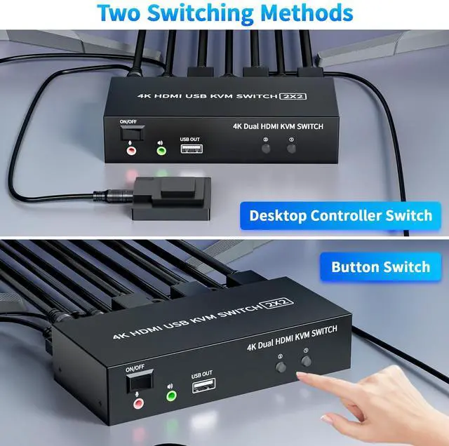 Alt view image 6 of 7 - 2 Ports Dual Monitor KVM Switch, 4K@60Hz KVM Switch 2 Monitors 2 Computers, KVM Dual Monitor HDMI Switcher 2x2 for 2 Computers Share 2 Displays and 5 USB 2.0 Ports, Wired Remote and USB Power Cable