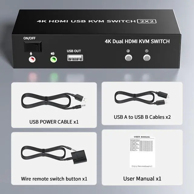 Alt view image 7 of 7 - 2 Ports Dual Monitor KVM Switch, 4K@60Hz KVM Switch 2 Monitors 2 Computers, KVM Dual Monitor HDMI Switcher 2x2 for 2 Computers Share 2 Displays and 5 USB 2.0 Ports, Wired Remote and USB Power Cable