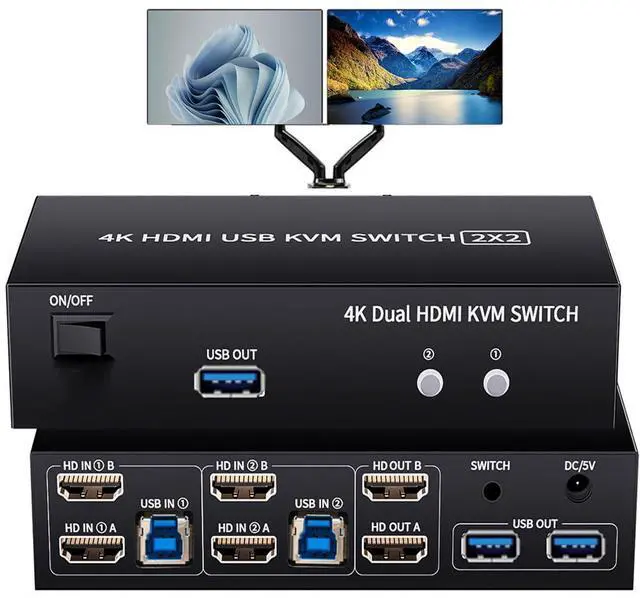 Main image of Vszerda 2 HDMI Port KVM Switch Dual Monitor with 3 USB 3.0 Ports, HDMI KVM Switch for 2 Monitors 2 Computers, Support 4K@60Hz Copy Extended Splicing Display, Button Controller & 2 USB Cables Included