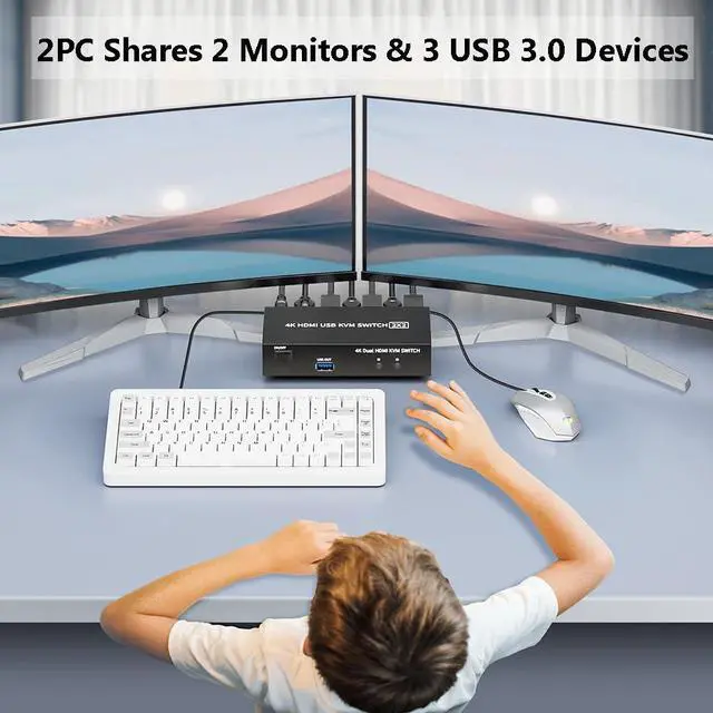 Alt view image 2 of 7 - Vszerda 2 HDMI Port KVM Switch Dual Monitor with 3 USB 3.0 Ports, HDMI KVM Switch for 2 Monitors 2 Computers, Support 4K@60Hz Copy Extended Splicing Display, Button Controller & 2 USB Cables Included