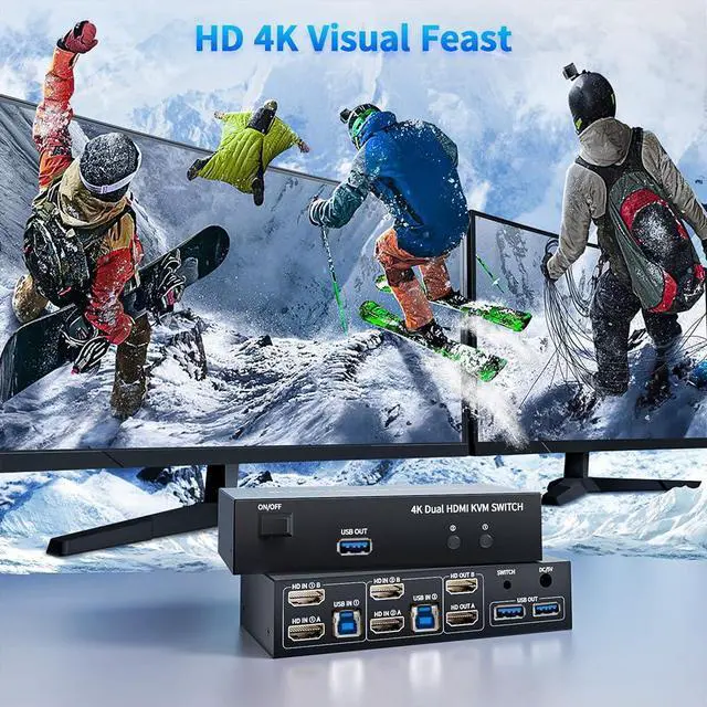 Alt view image 5 of 7 - Vszerda 2 HDMI Port KVM Switch Dual Monitor with 3 USB 3.0 Ports, HDMI KVM Switch for 2 Monitors 2 Computers, Support 4K@60Hz Copy Extended Splicing Display, Button Controller & 2 USB Cables Included
