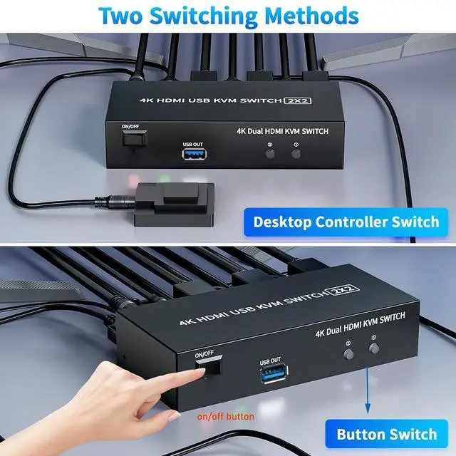 Alt view image 7 of 7 - Vszerda 2 HDMI Port KVM Switch Dual Monitor with 3 USB 3.0 Ports, HDMI KVM Switch for 2 Monitors 2 Computers, Support 4K@60Hz Copy Extended Splicing Display, Button Controller & 2 USB Cables Included