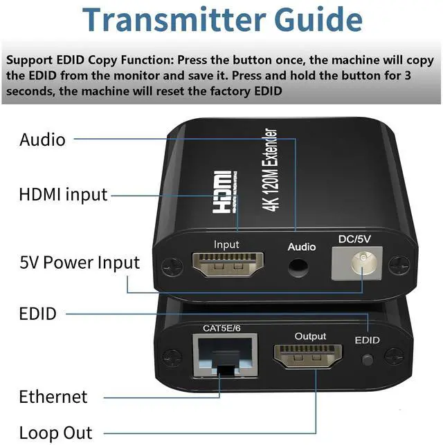 Alt view image 4 of 7 - HDMI Extender 120m/395ft Over Single Cat 5E/6, 4K@60Hz UHD 1080P Full HD HDMI Ethernet Extender, Transmitter and Receiver, with Audio Out & Loop Out, Support HDCP 1.2, EDID
