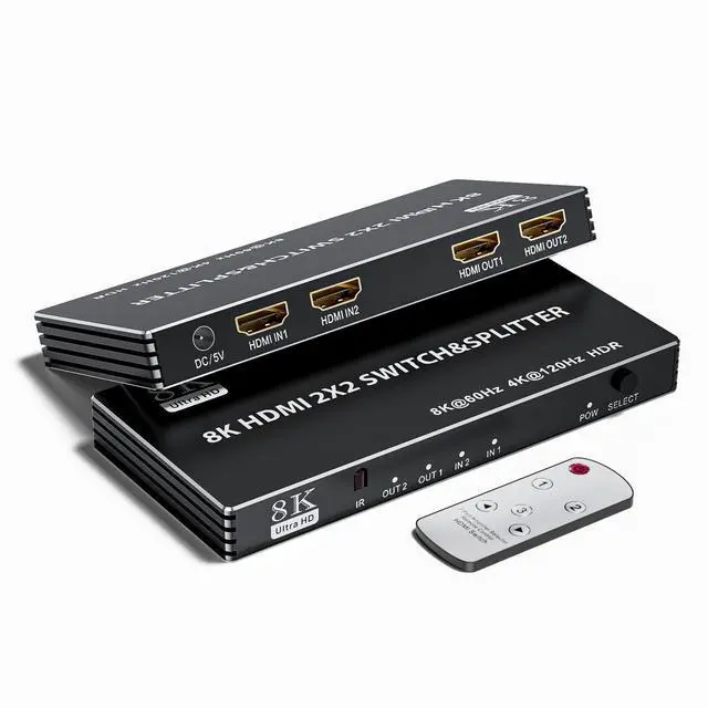 Main image of Vszerda 2x2 HDMI Switch Splitter, HDMI 2.1 Switcher 2 in 2 Out 8K@60Hz 4K@120Hz, w/IR Remote Control, Supports HDCP 2.3 HDR, HDR10, HDR 10+, 3D