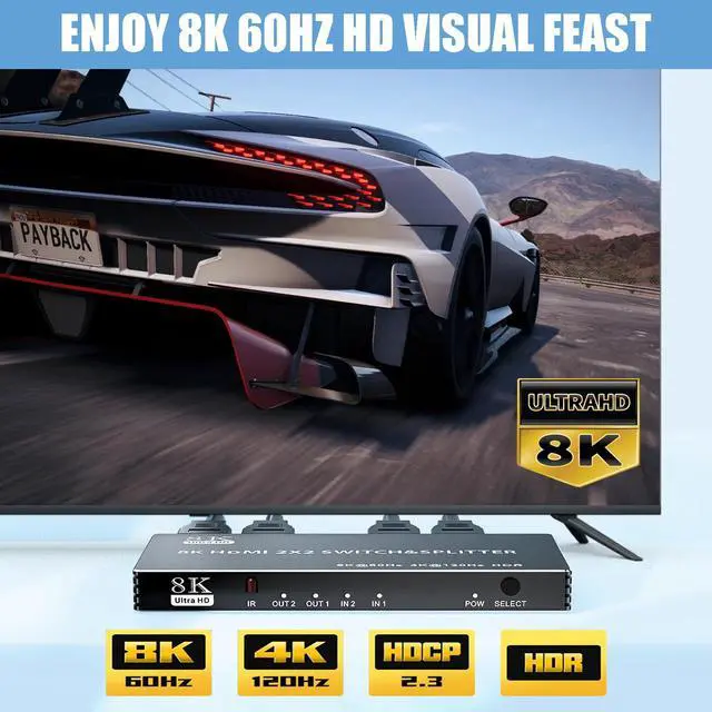Alt view image 3 of 7 - Vszerda 2x2 HDMI Switch Splitter, HDMI 2.1 Switcher 2 in 2 Out 8K@60Hz 4K@120Hz, w/IR Remote Control, Supports HDCP 2.3 HDR, HDR10, HDR 10+, 3D