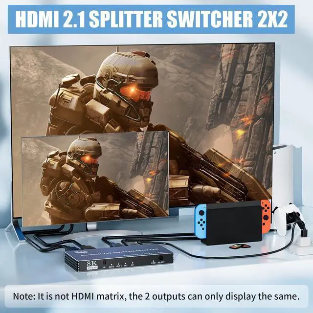 Alt view image 2 of 7 - Vszerda 2x2 HDMI Switch Splitter, HDMI 2.1 Switcher 2 in 2 Out 8K@60Hz 4K@120Hz, w/IR Remote Control, Supports HDCP 2.3 HDR, HDR10, HDR 10+, 3D