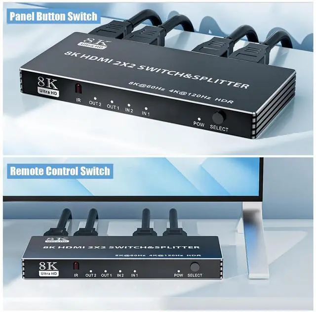 Alt view image 7 of 7 - Vszerda 2x2 HDMI Switch Splitter, HDMI 2.1 Switcher 2 in 2 Out 8K@60Hz 4K@120Hz, w/IR Remote Control, Supports HDCP 2.3 HDR, HDR10, HDR 10+, 3D