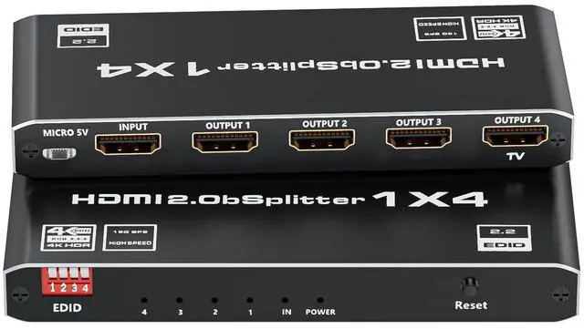 Main image of HDMI 2.0 Splitter 1 in 4 Out, Vszerda 1x4 HDMI Splitter 4K@60Hz 8:8:8 HDR, HDMI 2.0, HDCP 2.2, 18Gbps, Auto EDID, Supports UHD 3D D-o-l-b-y 4 Ports Mirror Mode and Multichannel Audio Streams