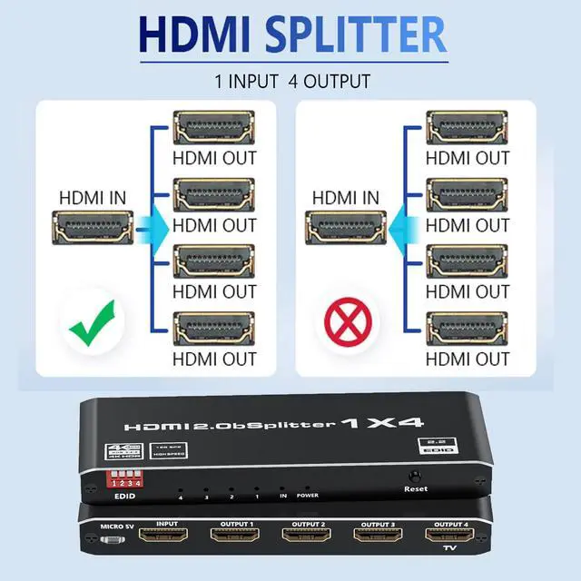 Alt view image 7 of 7 - HDMI 2.0 Splitter 1 in 4 Out, Vszerda 1x4 HDMI Splitter 4K@60Hz 8:8:8 HDR, HDMI 2.0, HDCP 2.2, 18Gbps, Auto EDID, Supports UHD 3D D-o-l-b-y 4 Ports Mirror Mode and Multichannel Audio Streams