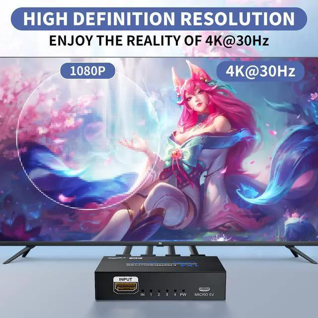 Alt view image 3 of 7 - HDMI Splitter 1 in 4 Out 4K@30Hz, Powered 1x4 HDMI Video Splitter 4 Ports with Power Cord, Duplicate/Mirror Screen, Supports UltralHD 3D 1080P HDCP 1.4 for HDTV, STB, DVD, PS5/4/3, Projector, Etc