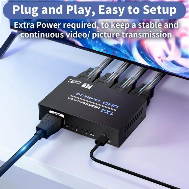 Alt view image 7 of 7 - HDMI Splitter 1 in 4 Out 4K@30Hz, Powered 1x4 HDMI Video Splitter 4 Ports with Power Cord, Duplicate/Mirror Screen, Supports UltralHD 3D 1080P HDCP 1.4 for HDTV, STB, DVD, PS5/4/3, Projector, Etc