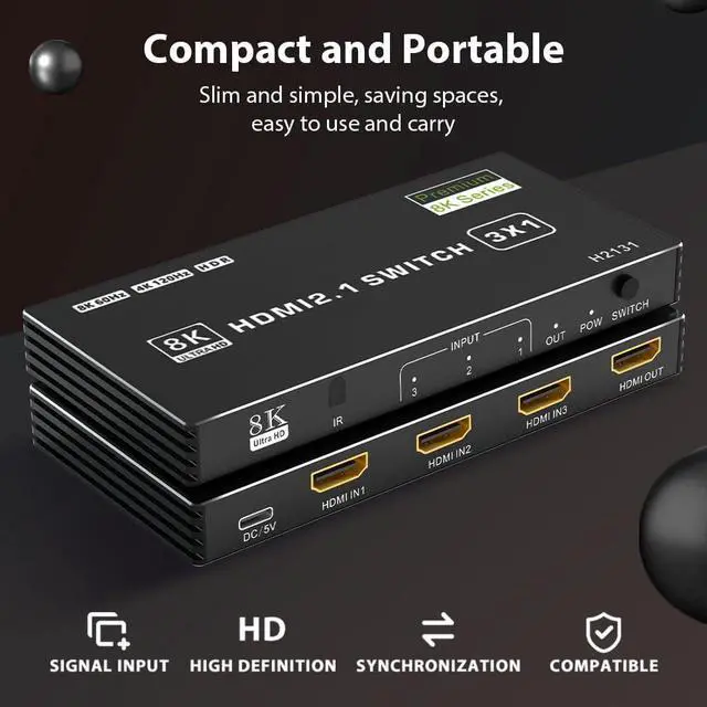 Alt view image 6 of 7 - Vszerda HDMI 2.1 Switch 3 in 1 Out, 8K 60Hz, 4K 120Hz, HDCP 2.3, HDR10, CEC, Auto Switching, Compatible with PS5, Xbox Series X/S, NS, PC, DVD, HDTV