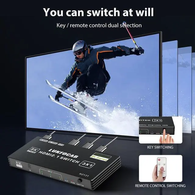 Alt view image 5 of 7 - Vszerda HDMI 2.1 Switch 3 in 1 Out, 8K 60Hz, 4K 120Hz, HDCP 2.3, HDR10, CEC, Auto Switching, Compatible with PS5, Xbox Series X/S, NS, PC, DVD, HDTV