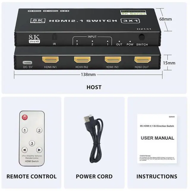 Alt view image 7 of 7 - Vszerda HDMI 2.1 Switch 3 in 1 Out, 8K 60Hz, 4K 120Hz, HDCP 2.3, HDR10, CEC, Auto Switching, Compatible with PS5, Xbox Series X/S, NS, PC, DVD, HDTV
