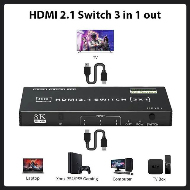 Alt view image 4 of 7 - Vszerda HDMI 2.1 Switch 3 in 1 Out, 8K 60Hz, 4K 120Hz, HDCP 2.3, HDR10, CEC, Auto Switching, Compatible with PS5, Xbox Series X/S, NS, PC, DVD, HDTV