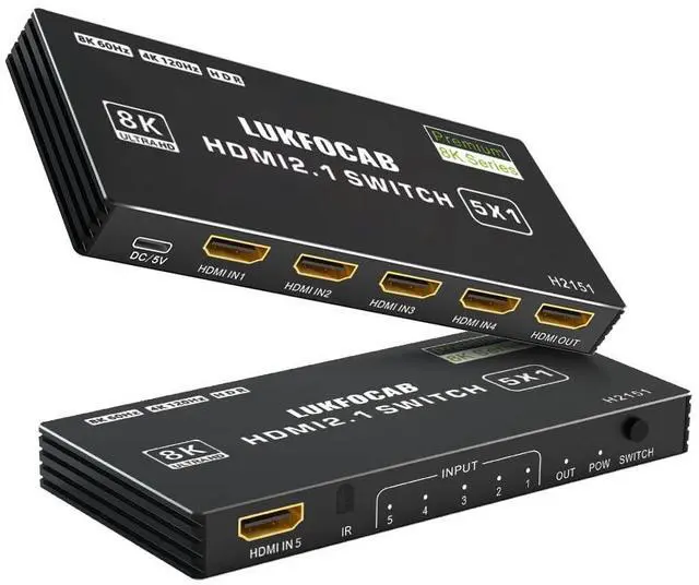 Main image of HDMI 2.1 Switch 5 in 1 Out 8K 60Hz, 5 Port HDMI Switcher Selector Box 5x1 with IR Remote, Support 4K@120Hz, 48Gbps, HDR 10+, HDCP 2.3, 3D, for PS5/4/3, Xbox Series X, NS, Laptop, PC