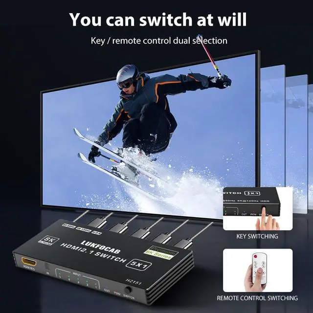 Alt view image 5 of 7 - HDMI 2.1 Switch 5 in 1 Out 8K 60Hz, 5 Port HDMI Switcher Selector Box 5x1 with IR Remote, Support 4K@120Hz, 48Gbps, HDR 10+, HDCP 2.3, 3D, for PS5/4/3, Xbox Series X, NS, Laptop, PC