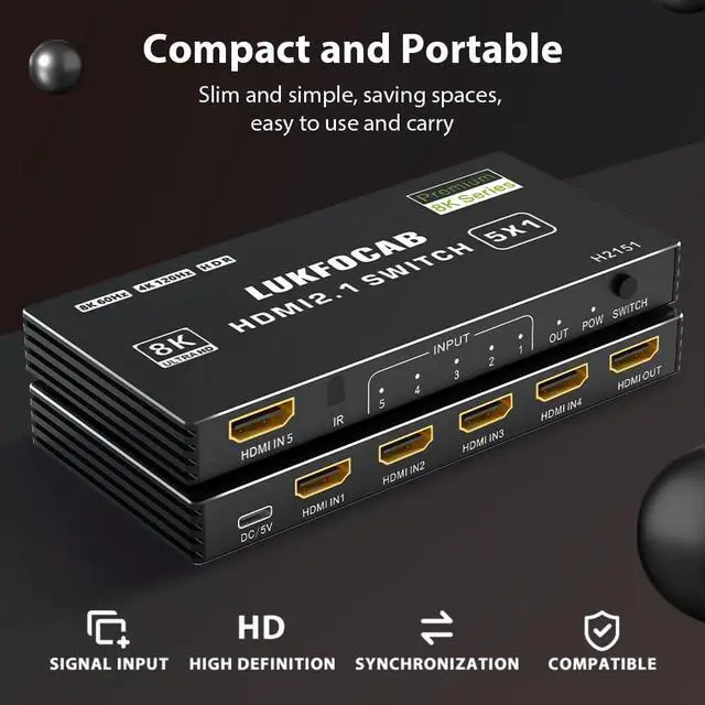 Alt view image 6 of 7 - HDMI 2.1 Switch 5 in 1 Out 8K 60Hz, 5 Port HDMI Switcher Selector Box 5x1 with IR Remote, Support 4K@120Hz, 48Gbps, HDR 10+, HDCP 2.3, 3D, for PS5/4/3, Xbox Series X, NS, Laptop, PC