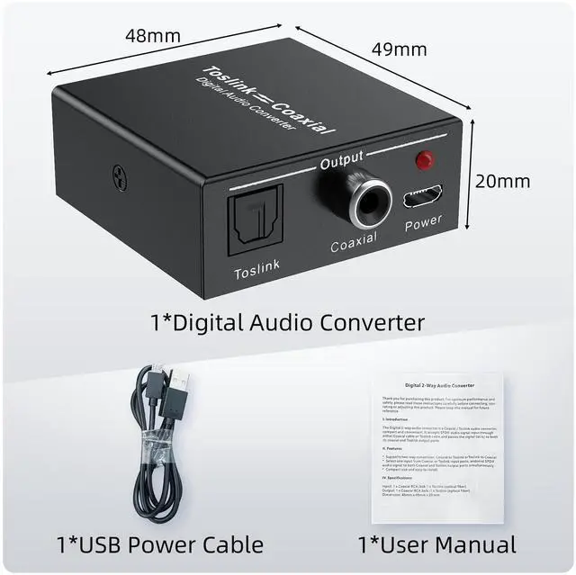 Alt view image 7 of 7 - Optical-to-Coaxial or Coax-to-Optical Digital Audio Converter Adapter, Vszerda Digital Coaxial to Optical Converter, Bi-Directional Coax Digital to/from Optical Toslink SPDIF Audio Converter/Repeater