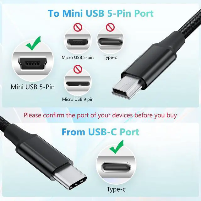 Alt view image 2 of 7 - 3.3FT USB Type C to Mini USB Cable, 1M Braided USB C to Mini 5-Pin Charging Cord, Supports OTG Sync Data for Digital Camera, Driving Recorder, MP3 Player, GPS Receiver and More Mini B Devices