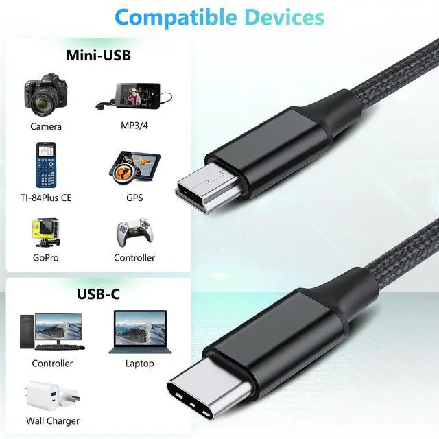 Alt view image 3 of 7 - 3.3FT USB Type C to Mini USB Cable, 1M Braided USB C to Mini 5-Pin Charging Cord, Supports OTG Sync Data for Digital Camera, Driving Recorder, MP3 Player, GPS Receiver and More Mini B Devices
