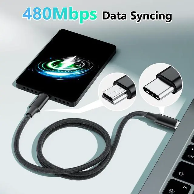 Alt view image 5 of 7 - 3.3FT USB Type C to Mini USB Cable, 1M Braided USB C to Mini 5-Pin Charging Cord, Supports OTG Sync Data for Digital Camera, Driving Recorder, MP3 Player, GPS Receiver and More Mini B Devices