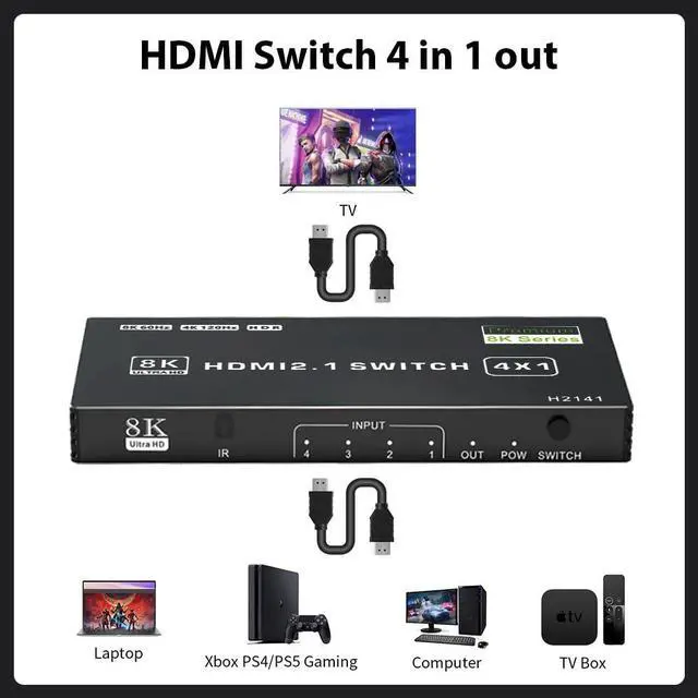 Alt view image 4 of 7 - Vszerda 8K HDMI Switch 4 in 1 Out, 4 Ports HDMI 2.1 Switch Box with IR Remote Control, 48Gbps HDR10 HDCP2.3 DPCP Supported, Auto Switching, Compatible with PS5/4/3 Xbox NS HDTV Monitor