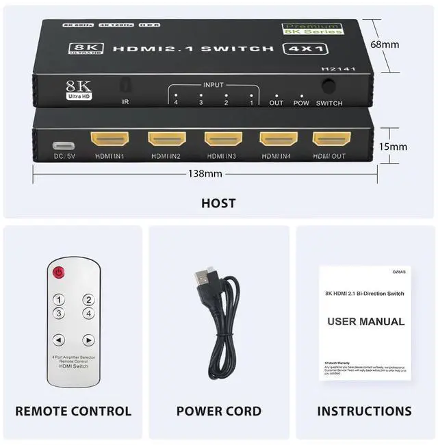 Alt view image 7 of 7 - Vszerda 8K HDMI Switch 4 in 1 Out, 4 Ports HDMI 2.1 Switch Box with IR Remote Control, 48Gbps HDR10 HDCP2.3 DPCP Supported, Auto Switching, Compatible with PS5/4/3 Xbox NS HDTV Monitor