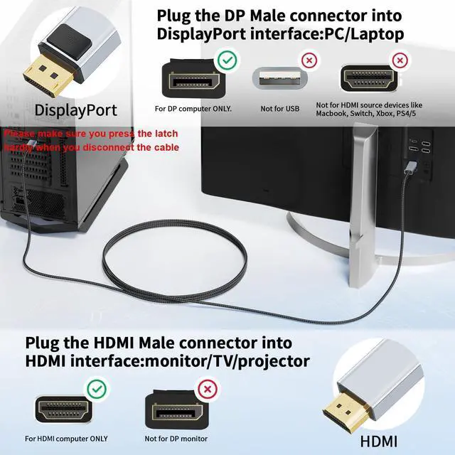 Alt view image 6 of 7 - Vszerda 4K 60Hz DisplayPort to HDMI Cable Adapter, 1.65FT/0.5M Short DP 1.2 to HDMI 1.4 Male UHD Cord, Braided Uni-Directional Cord for D.ell, NVIDIA, AMD, L.enovo, HP, Monitor, Projector, Desktop