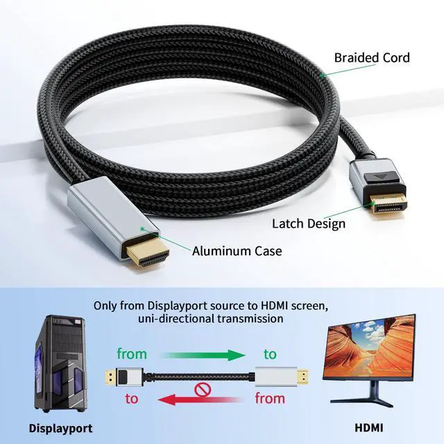 Alt view image 7 of 7 - Vszerda 4K 60Hz DisplayPort to HDMI Cable Adapter, 1.65FT/0.5M Short DP 1.2 to HDMI 1.4 Male UHD Cord, Braided Uni-Directional Cord for D.ell, NVIDIA, AMD, L.enovo, HP, Monitor, Projector, Desktop