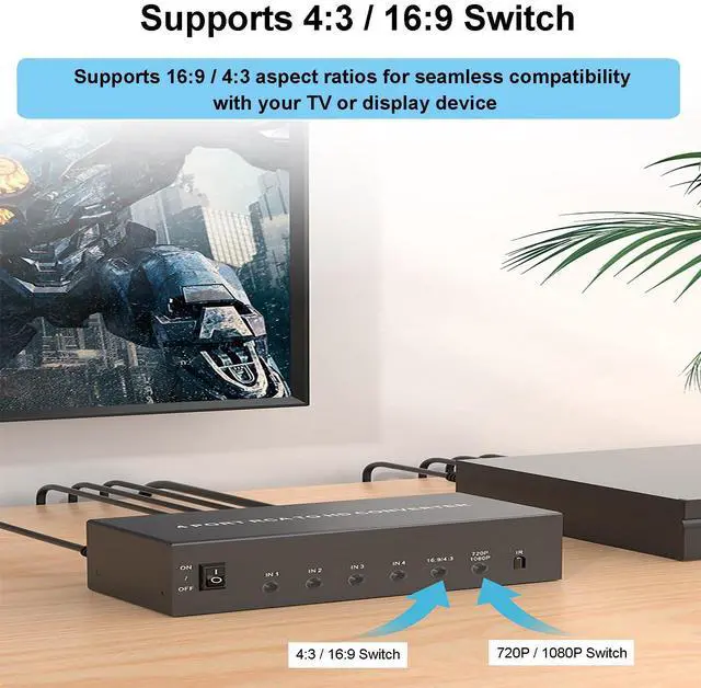 Alt view image 5 of 7 - 4 Port AV to HDMI Converter 1080P, Fit for RCA/Composite/CVBS to HDMI Converter Adapter, Support 16:9/4:3 Switch, Compatible with Wii N64 PS1 PS2 PS3 VHS VCR DVD Players etc (with Remote)