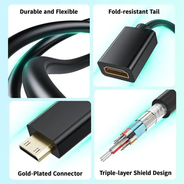 Alt view image 7 of 7 - Mini HDMI to HDMI Adapter 4K, Mini HDMI Male to HDMI 2.0 Female Cord, Support 4K@60Hz HDR 3D Dolby 18Gbps, Ideal For DSLR, Raspberry Pi, Camcorder, Graphics Card, Laptop, Tablet, HDTV, Projector, 15cm