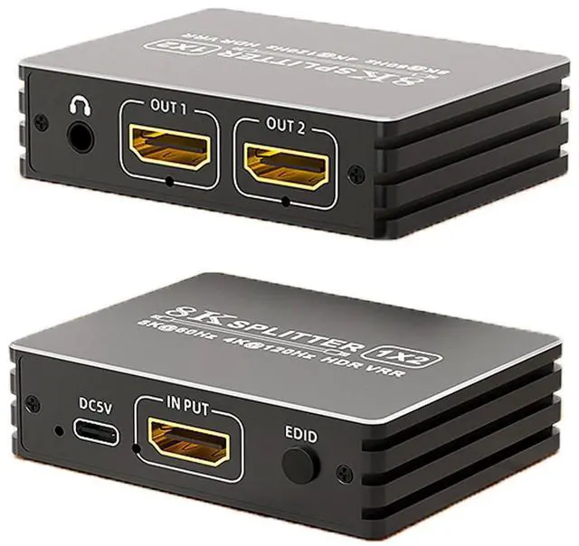 Main image of 8K HDMI 2.1 Splitter 1 in 2 Out, 1x2 HDMI Splitter Support 8K@60hz, 4K@120hz, EDID, 48Gbps, 3D, HDR 10+, HDCP2.3, Dolby Vision, 3.5mm Audio Output, Mirror Dual Monitors for PS5 SkyQ Xbox NVIDIA AMD NS