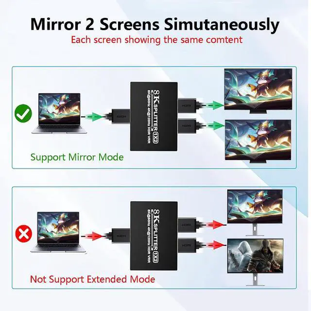 Alt view image 6 of 7 - 8K HDMI 2.1 Splitter 1 in 2 Out, 1x2 HDMI Splitter Support 8K@60hz, 4K@120hz, EDID, 48Gbps, 3D, HDR 10+, HDCP2.3, Dolby Vision, 3.5mm Audio Output, Mirror Dual Monitors for PS5 SkyQ Xbox NVIDIA AMD NS