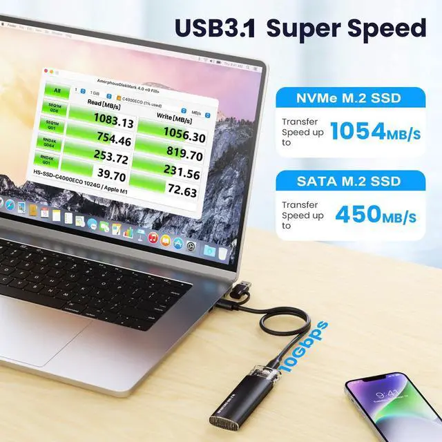 Alt view image 3 of 7 - M.2 NVME SATA SSD Enclosure Adapter, 10Gbps USB 3.1 Gen 2 Type C NVME Enclosure for M.2 NVMe PCIE M-Key / B+M SATA B+M Key Sizes 2230 2242 2260 2280 SSD
