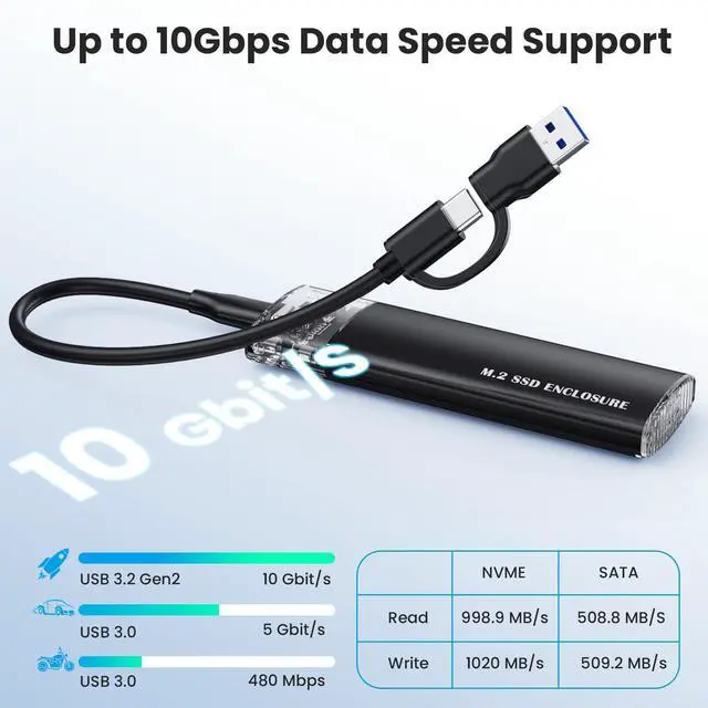 Alt view image 4 of 7 - M.2 NVME SATA SSD Enclosure Adapter, 10Gbps USB 3.1 Gen 2 Type C NVME Enclosure for M.2 NVMe PCIE M-Key / B+M SATA B+M Key Sizes 2230 2242 2260 2280 SSD