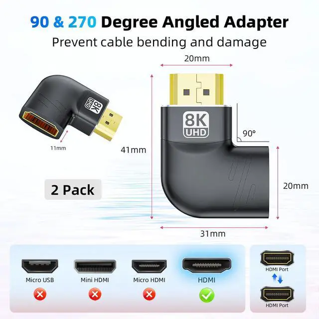 Alt view image 2 of 7 - Vszerda 8K HDMI 2.1 Flat 90 Degree and 270 Degree Adapter 2-Pack, Right Angle HDMI Male to Female Cable Adapter Connector Extender, with 8K@60Hz, 4K@120Hz, HDR, eARC for HDTV Switch Laptop PS5 Xbox
