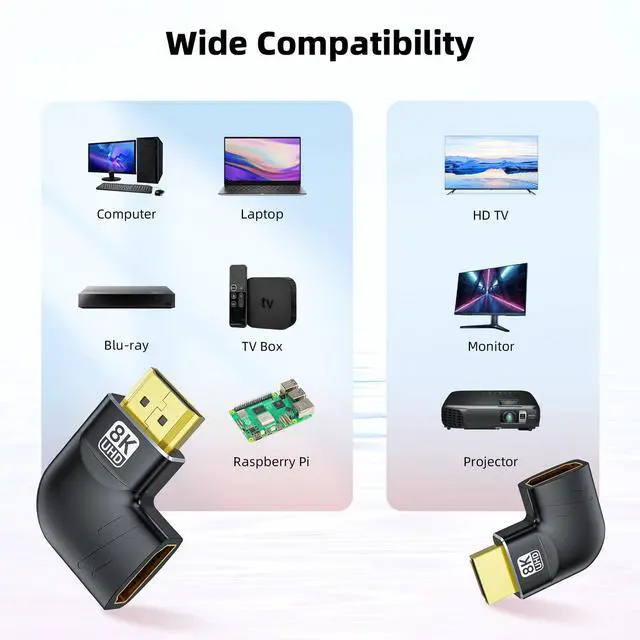 Alt view image 5 of 7 - Vszerda 8K HDMI 2.1 Flat 90 Degree and 270 Degree Adapter 2-Pack, Right Angle HDMI Male to Female Cable Adapter Connector Extender, with 8K@60Hz, 4K@120Hz, HDR, eARC for HDTV Switch Laptop PS5 Xbox