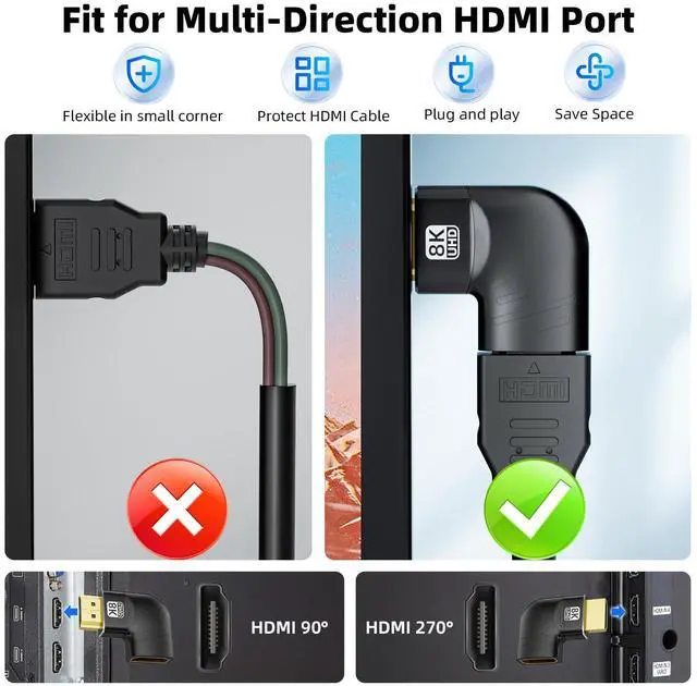 Alt view image 6 of 7 - Vszerda 8K HDMI 2.1 Flat 90 Degree and 270 Degree Adapter 2-Pack, Right Angle HDMI Male to Female Cable Adapter Connector Extender, with 8K@60Hz, 4K@120Hz, HDR, eARC for HDTV Switch Laptop PS5 Xbox