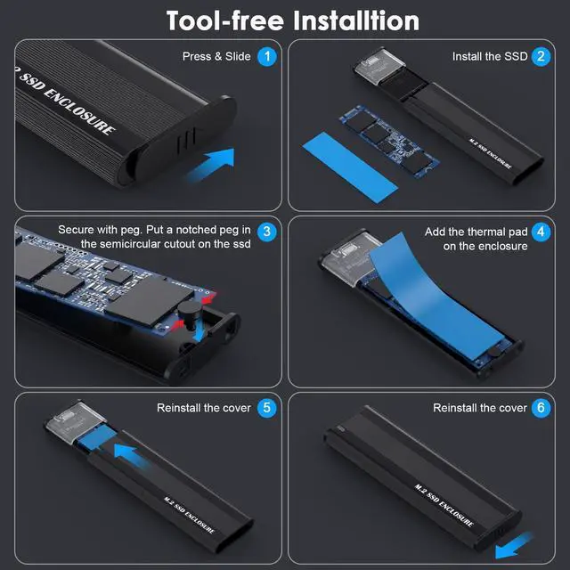 Alt view image 5 of 7 - M2 NVME SATA SSD Enclosure Adapter, USB 3.1 Gen 2 10 Gbps Type C External SSD Case Reader for M.2 NVMe PCIE & SATA M-Key / B+M Supports Sizes 2230 2242 2260 2280
