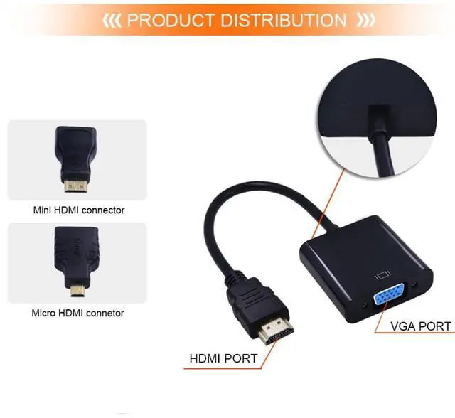 Alt view image 4 of 7 - Vszerda HDMI to VGA Adapter, Gold-Plated HDMI Male to VGA Female Cable Adapter with Micro/Mini HDMI Converter for Computer, Desktop, Laptop, Monitor, Projector