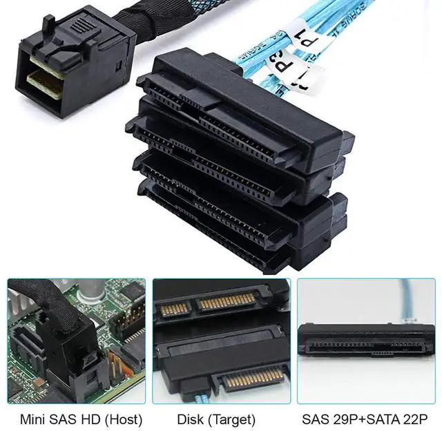 Alt view image 4 of 7 - Vszerda Mini SAS SFF-8643 Host 1 to 4 SAS SFF-8482 29Pin Target SAS Disk 6Gbps Data Server Raid Cable 0.5M