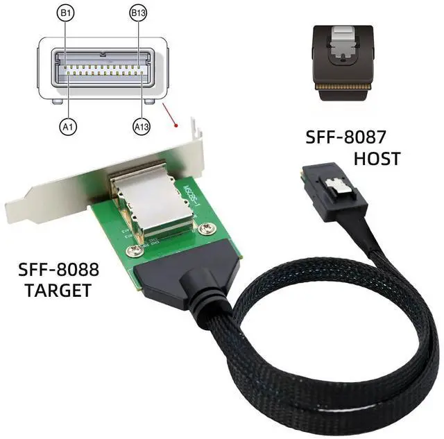 Alt view image 2 of 7 - Vszerda Mini SAS SFF-8087 36Pin Host to SFF-8088 26Pin External Extension Data Cable PCBA with Low Profile Bracket