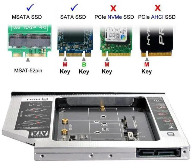 Alt view image 2 of 7 - Vszerda Universal 9.5mm M.2 NGFF/mSATA SSD to SATA 2nd SSD HDD Hard Drive Caddy Upgrade Extension Adapter Tray Enclosures for Laptop Optical Drive Slot